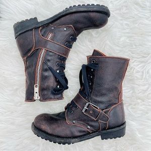 Ash Leather Moto Style Brown Leather Zippered Lace Up Boot